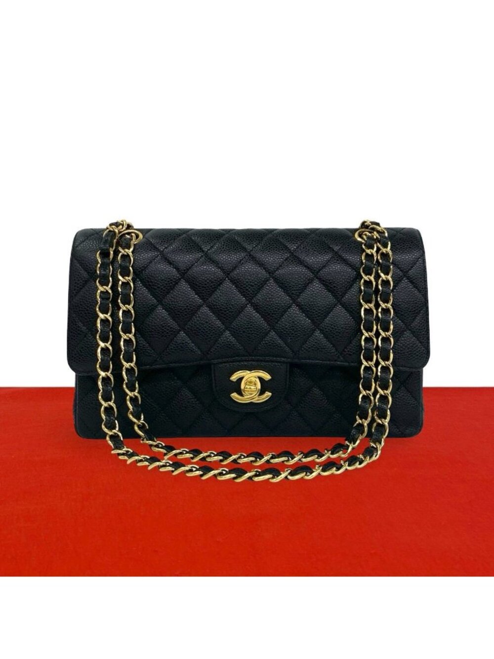 Chanel Quilted 25 Double Flap CC Logo Caviar Leather Shoulder Bag Black
